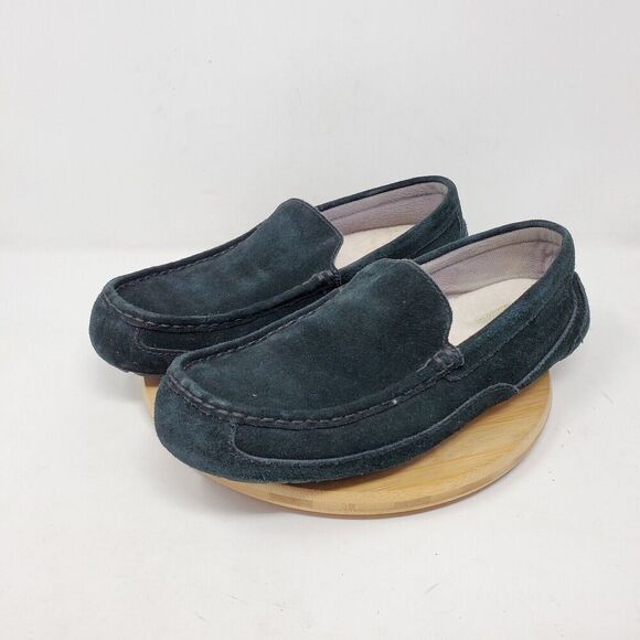 UGG Slipper Mens 9 Alder Black‎ Suede Shoes Slip On Shearling Moc Toe Loafers - Picture 3 of 11